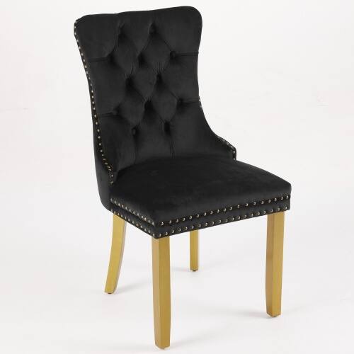 Left. LUCKY ONE - Assembled Tufted Velvet Dining Chair Set of 2 with Lion Head Pull Ring Golden Wood Legs Nailhead - Black.