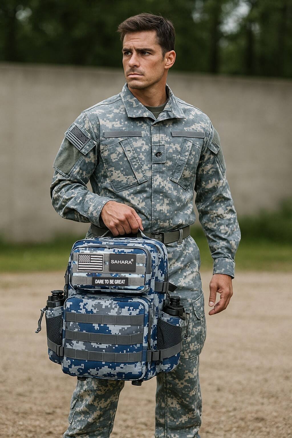 The man in the image is wearing a military uniform and holding a blue backpack. The text on the image reads "DARE TO BE GREAT."