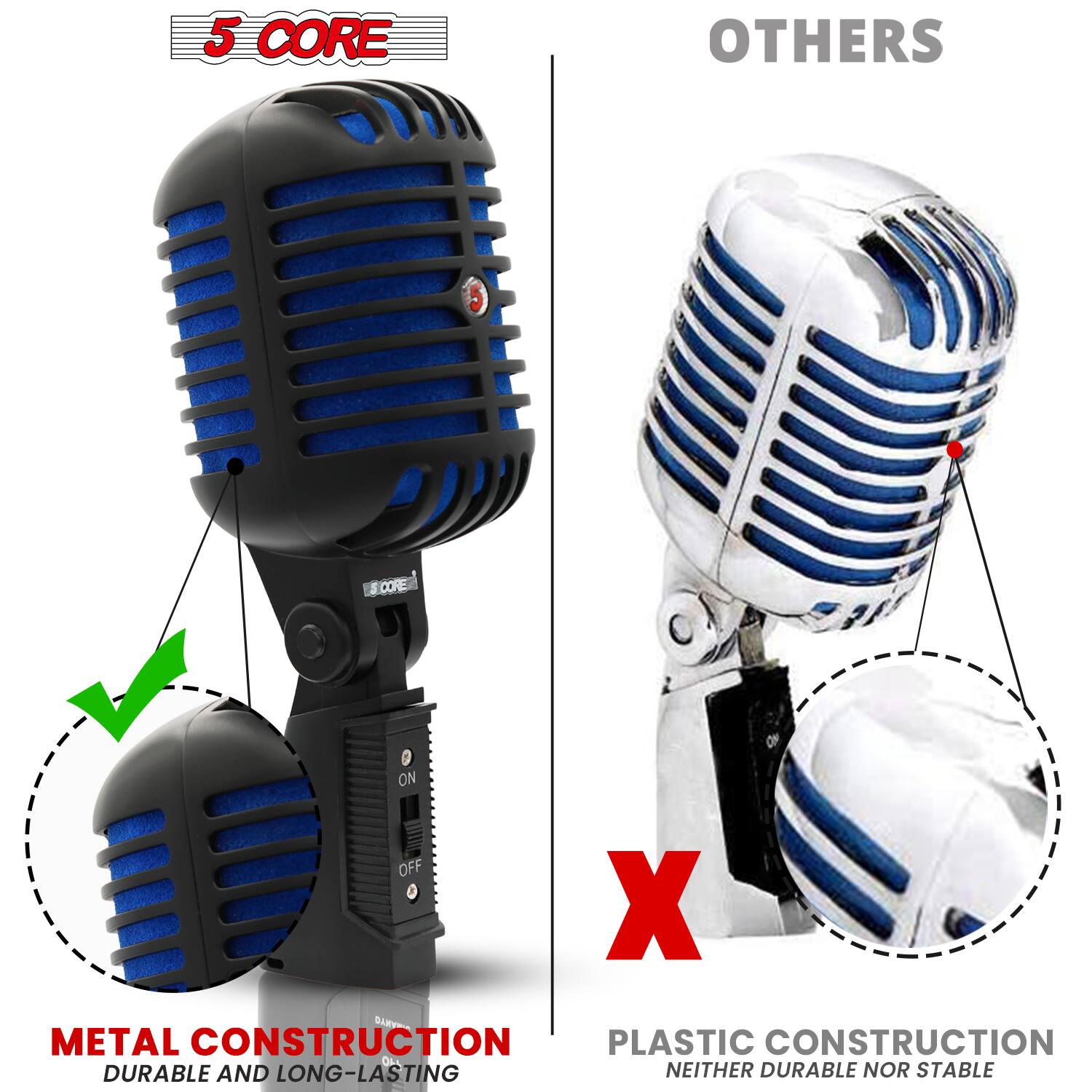 5 CORE  
OTHERS  

ON OFF  

METAL CONSTRUCTION  
DURABLE AND LONG-LASTING  

PLASTIC CONSTRUCTION  
NEITHER DURABLE NOR STABLE