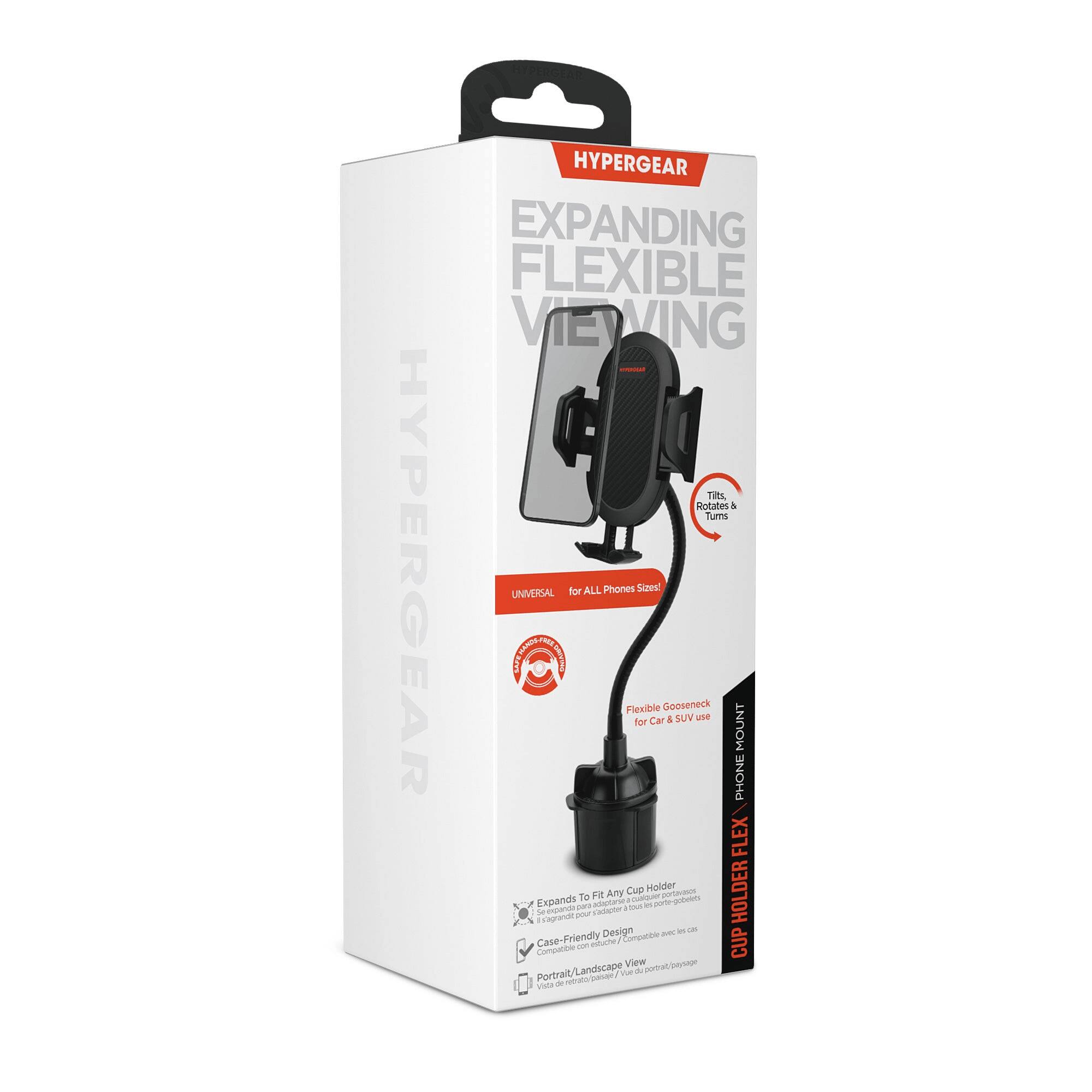 HYPERGEAR EXPANDING FLEXIBLE VIEWING Rotates & Tums HYPERGEAR COAT UNIVERSAL for ALL Phones Flexible for Sizes! Car Gooseneck & SUV use PHONE MOUNT FLEX CUP HOLDER To Fit Any Cup Holder Expands to Fit Any Cup Holder - Flexible Design - Case-Friendly - Portrait/Landscape View