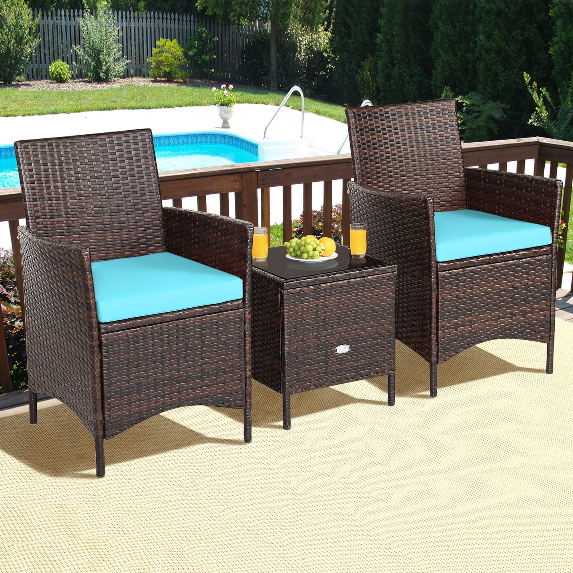 Alt View 5. Gymax - Gymax 3PCS Outdoor Rattan Conversation Set Patio Furniture Set w/ Blue Cushions - Brown.