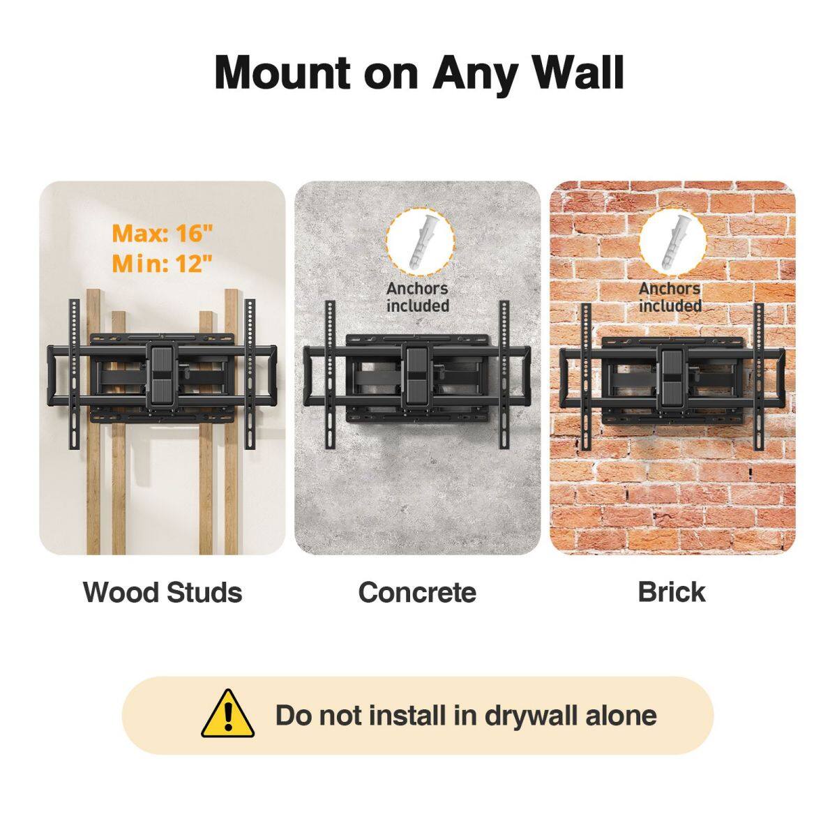 Mount on Any Wall

Max: 16"  
Min: 12"  
Anchors included

Wood Studs  
Concrete  
Brick

Do not install in drywall alone