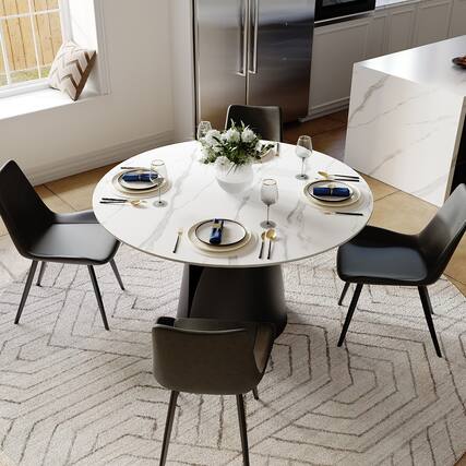 Front. POVISON - 51" Modern Round White Dining Table for 4, Matte Sintered Stone Tabletop, Solid Black Carbon Steel Base - Matte White Sintered Stone & Black Steel Base.