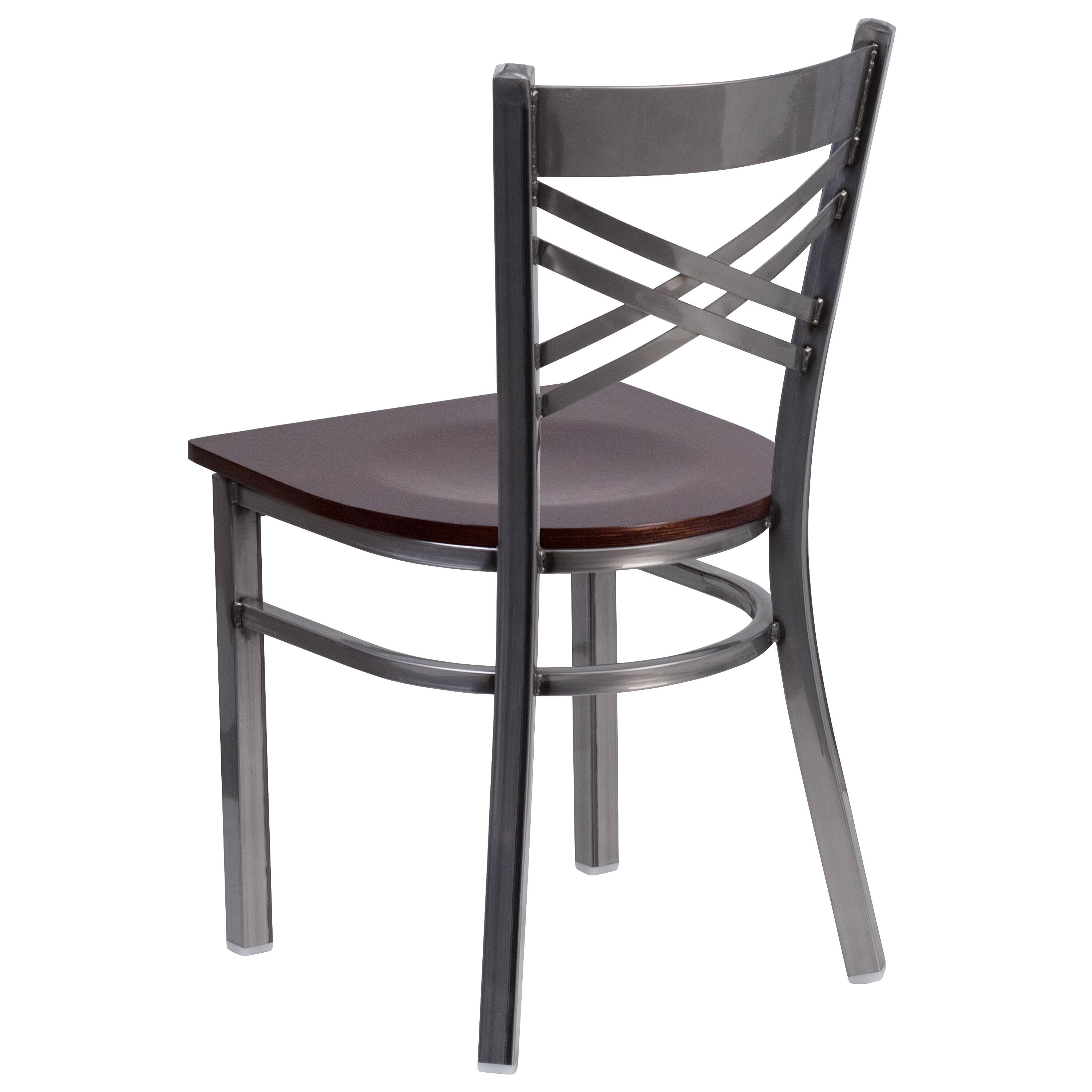Alt View 4. Emma + Oliver - 2 Pack Clear Coated "X" Back Metal Restaurant Chair - Walnut Wood Seat/Clear Coated Metal Frame.