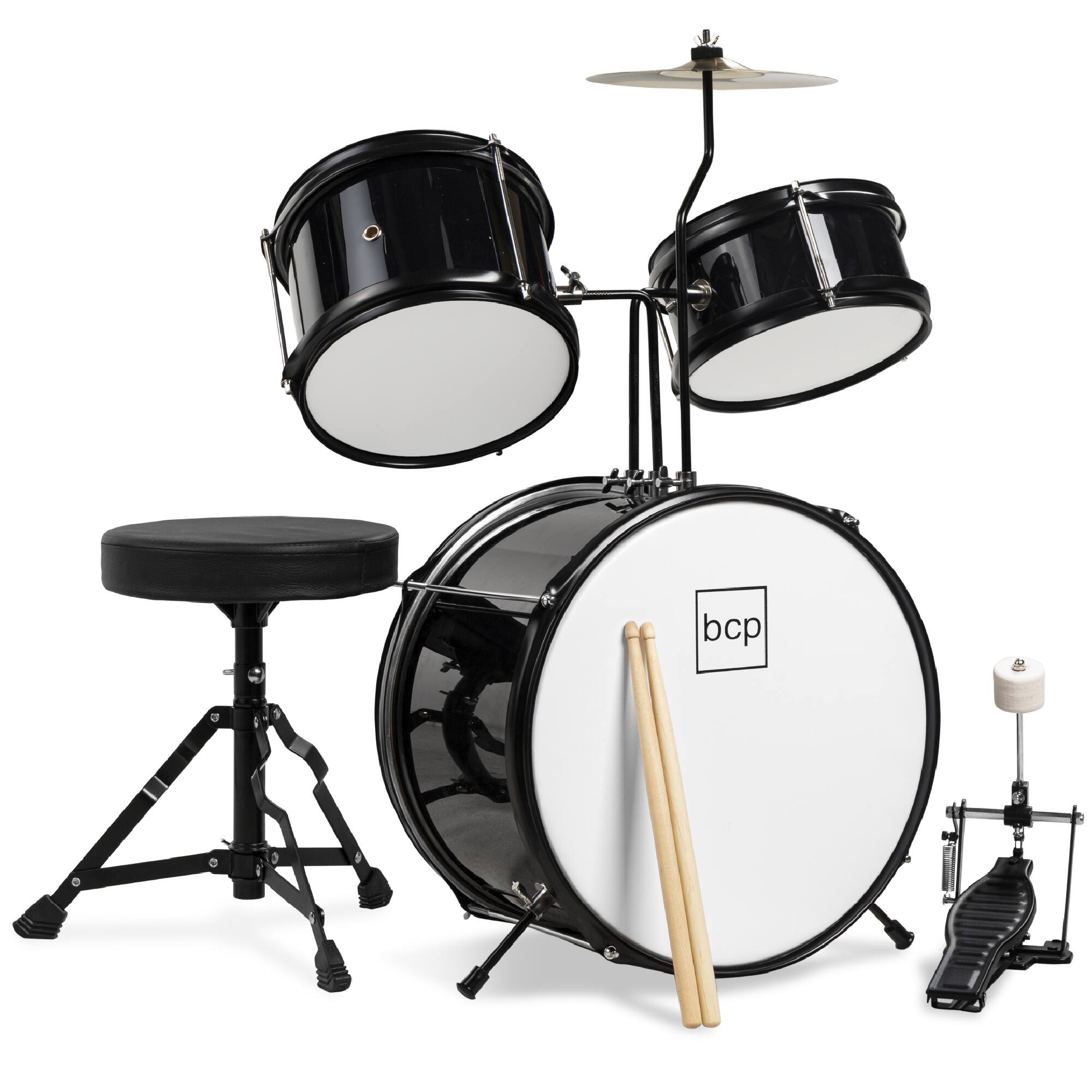 Best Choice Products - Kids Beginner 3-Piece Drum, Musical Instrument Set w/ Sticks, Cushioned Stool, Drum Pedal - Black