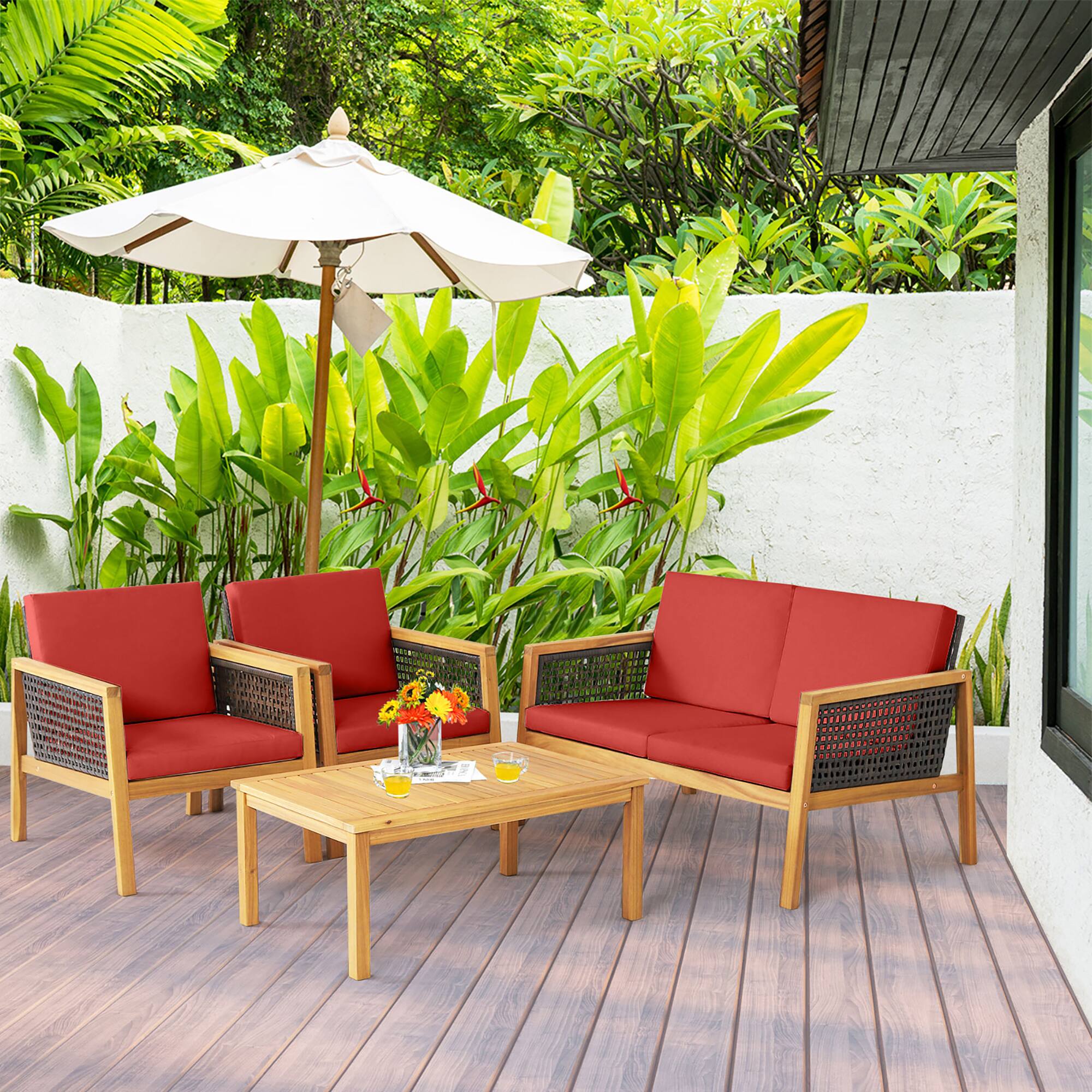 Alt View 4. Gymax - Gymax 8PCS Patio Acacia Wood Furniture Set PE Rattan Conversation Set w/ Red Cushions - Red.