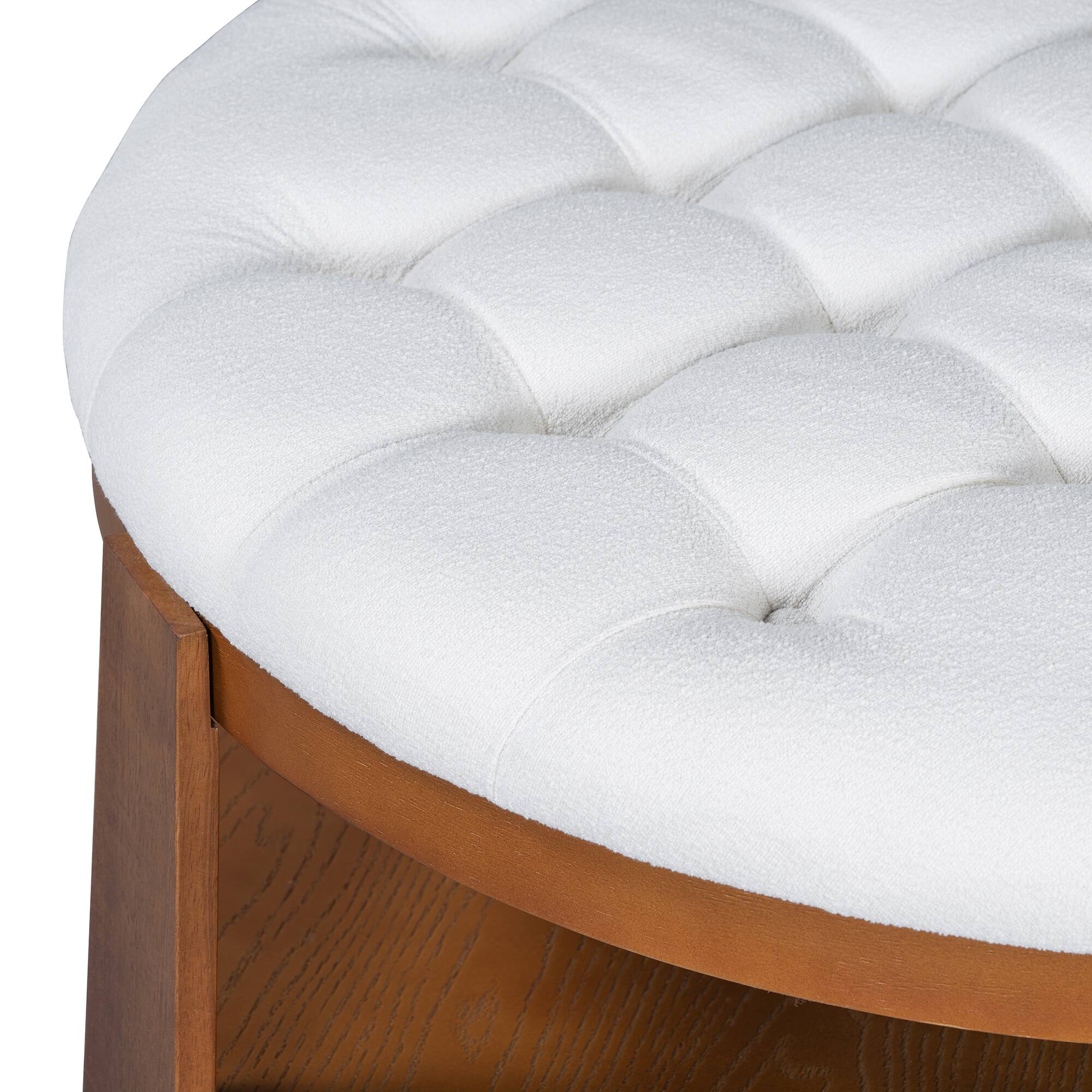 Alt View 6. Bestier - Modern Large Round Ottoman Coffee Table 2 Tier Button Tufted Ottoman with Wood Shelf and Storage for Living Room - White.