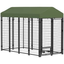 Pawhut - 8'x4'x6' Outdoor Dog Kennel, Welded Wire Heavy Duty Run, 360° Rotating Bowls, Waterproof Cover, for S&M&L Dogs