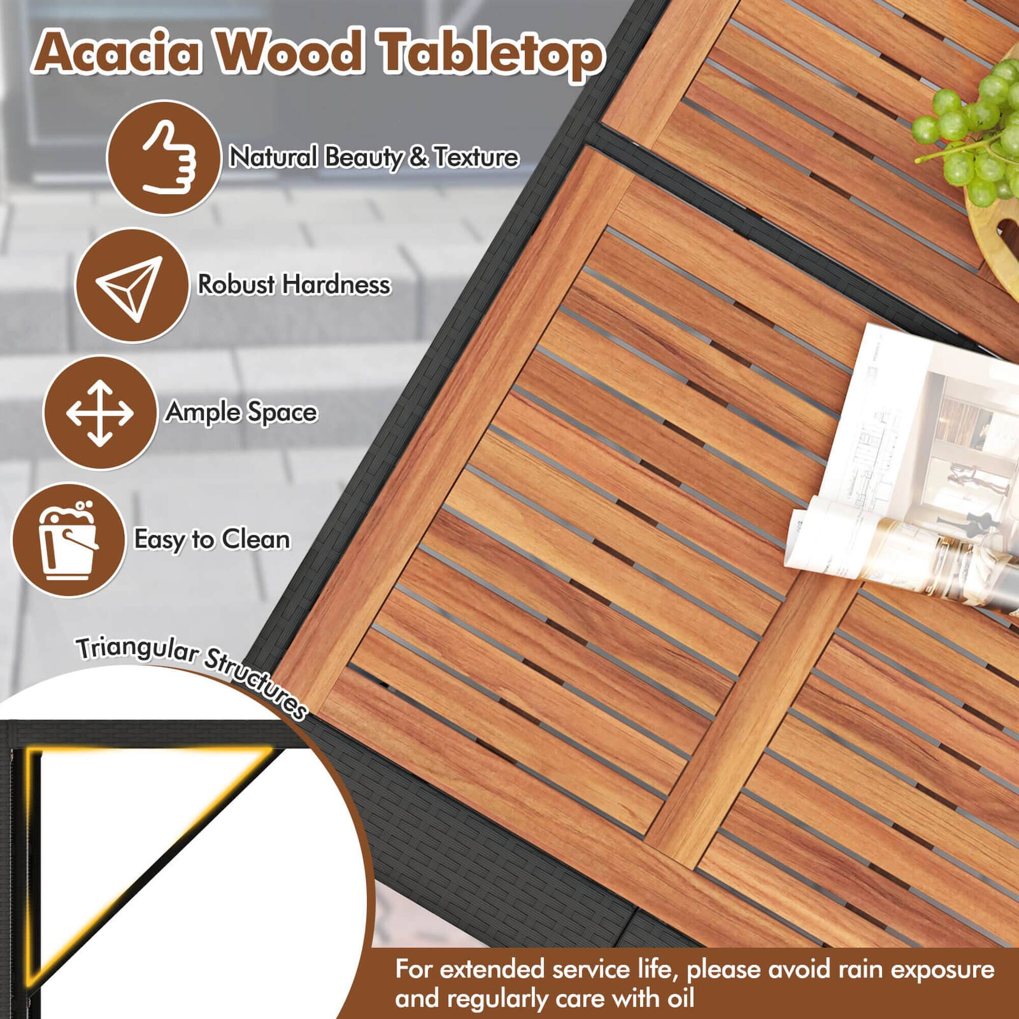 Acacia Wood Tabletop: Natural Beauty & Texture, Robust Hardness, Ample Space, Easy to Clean, Triangular Structures. For extended service life, please avoid rain exposure and regularly care with oil.