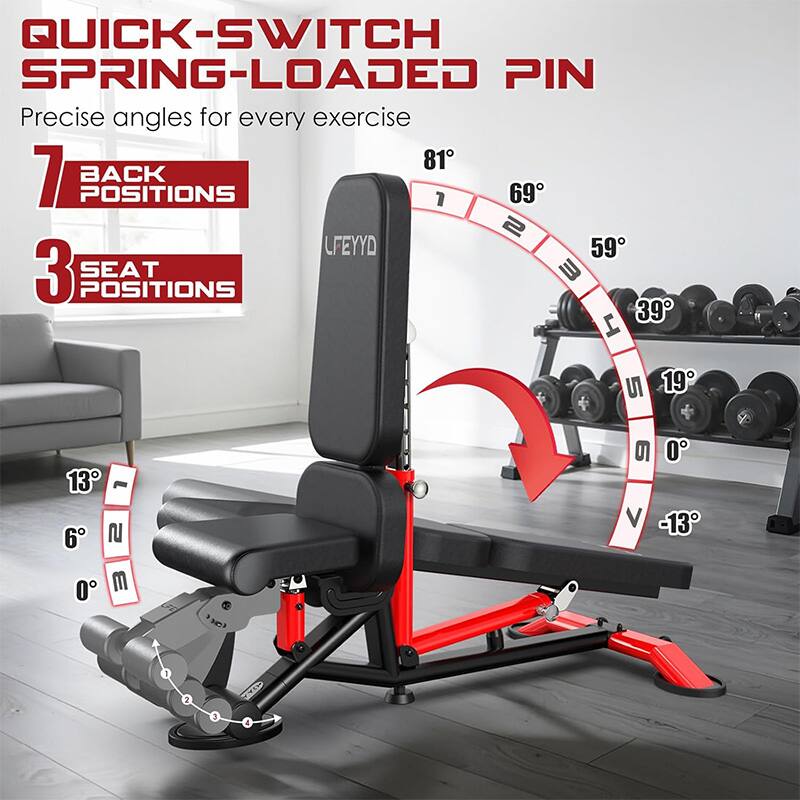 QUICK-SWITCH SPRING-LOADED PIN  
Precise angles for every exercise  

7 BACK POSITIONS  
3 SEAT POSITIONS  

81°  
69°  
59°  
39°  
19°  
13°  
6°  
0°  
-13°