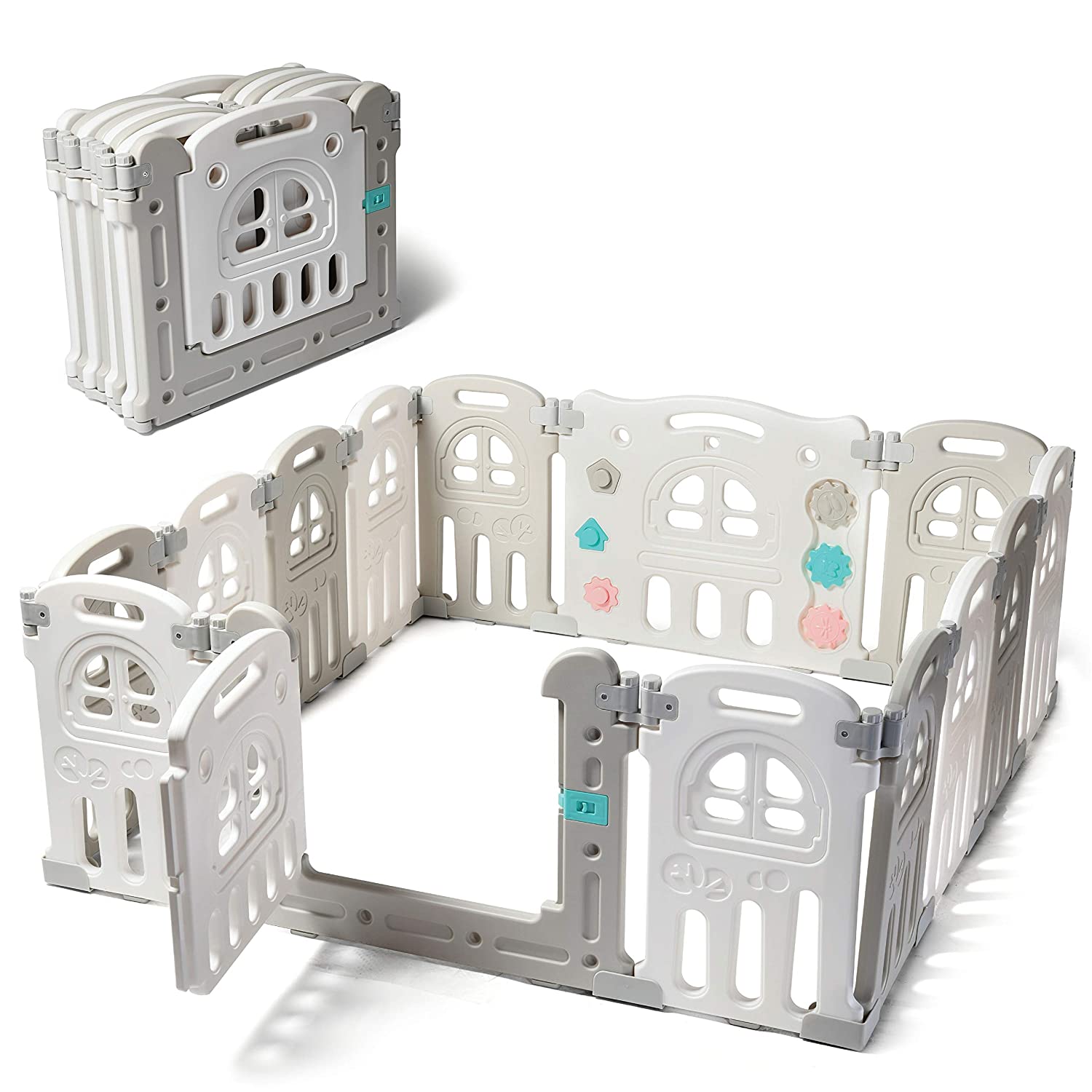 Front. Play22 - Baby Playpen Large Activity Safety Play Center - 14 Panels Baby Play Fence with Adjustable Shape and Foldable Option - Multicolor.