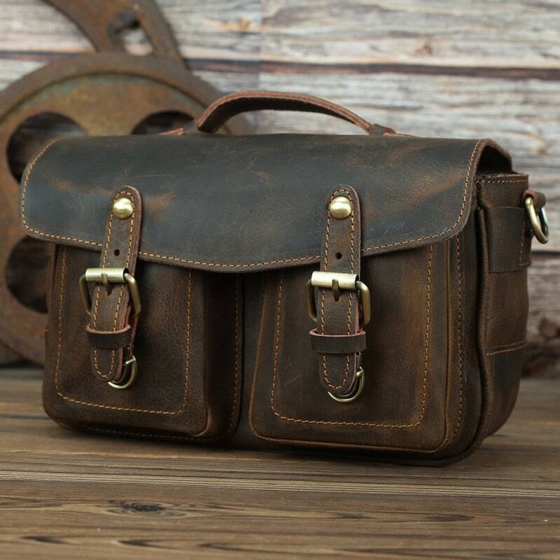 Alt View 4. Steel Horse Leather - The Faust Leather Crossbody Messenger Camera Bag - Brown.