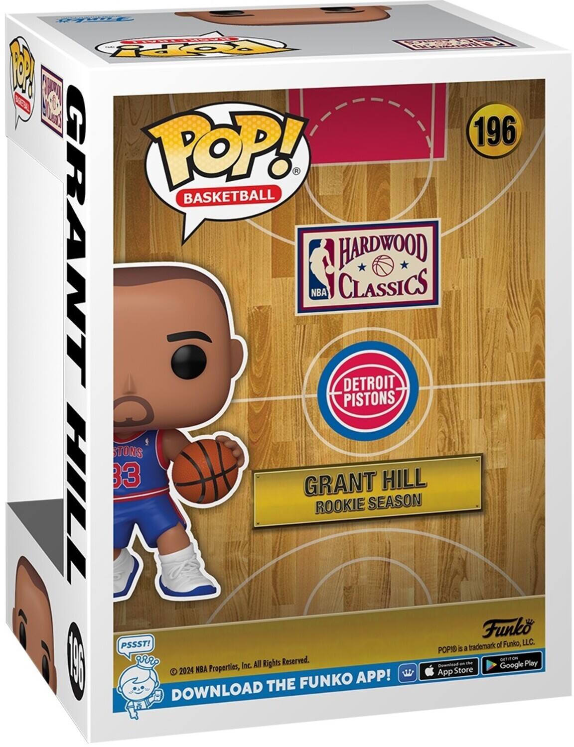 POP! BASKETBALL, GRANT HILL, ROOKIE SEASON, HARDWOOD CLASSICS, DETROIT PISTONS, GRANT HILL, Funko, LLC., POP! is a trademark of Funko, LLC., 2024 NBA Properties, Inc. All Rights Reserved., DOWNLOAD THE FUNKO APP!, App Store, Google Play