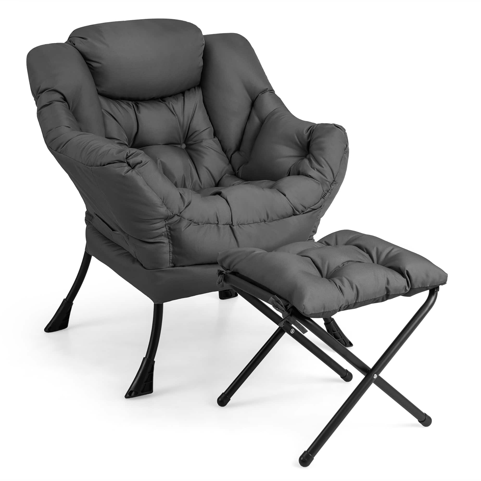 Gymax - Lazy Sofa Chair Accent Leisure Armchair with Folding Footrest & Storage Pocket Grey - Gray