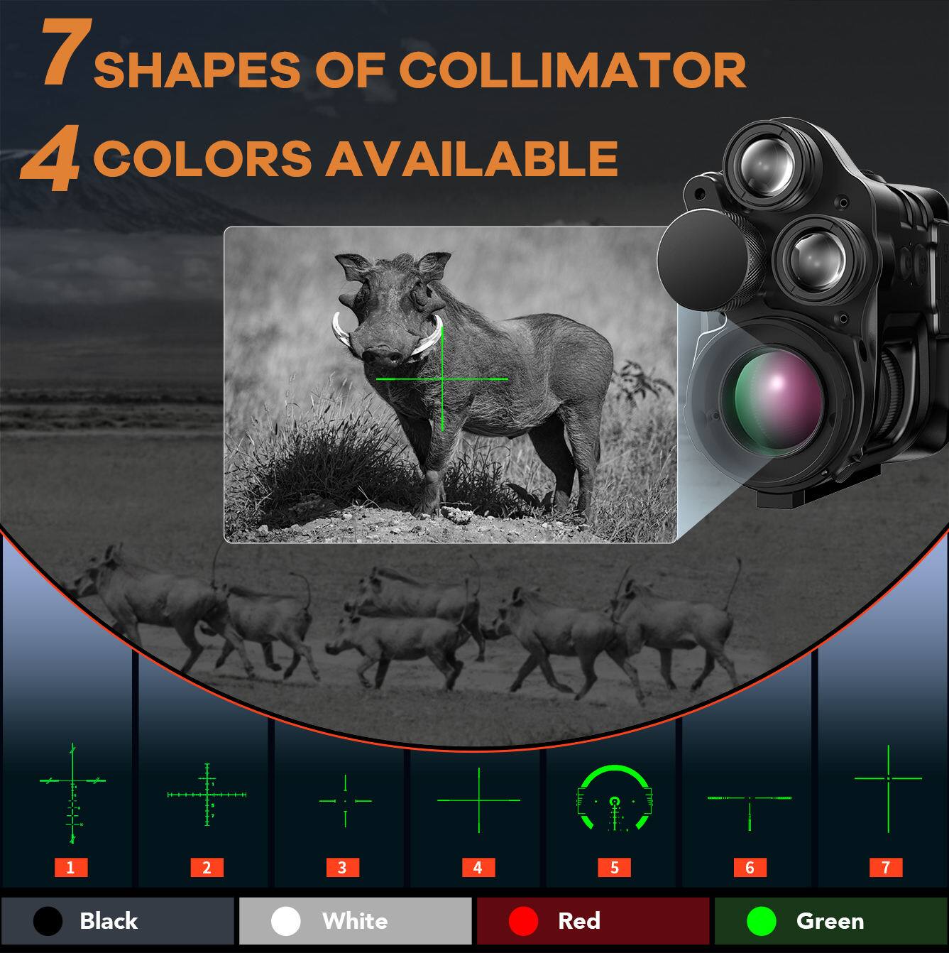7 Shapes of Collimator  
4 Colors Available  

1 2 3 4 5 6 7  

Black White Red Green