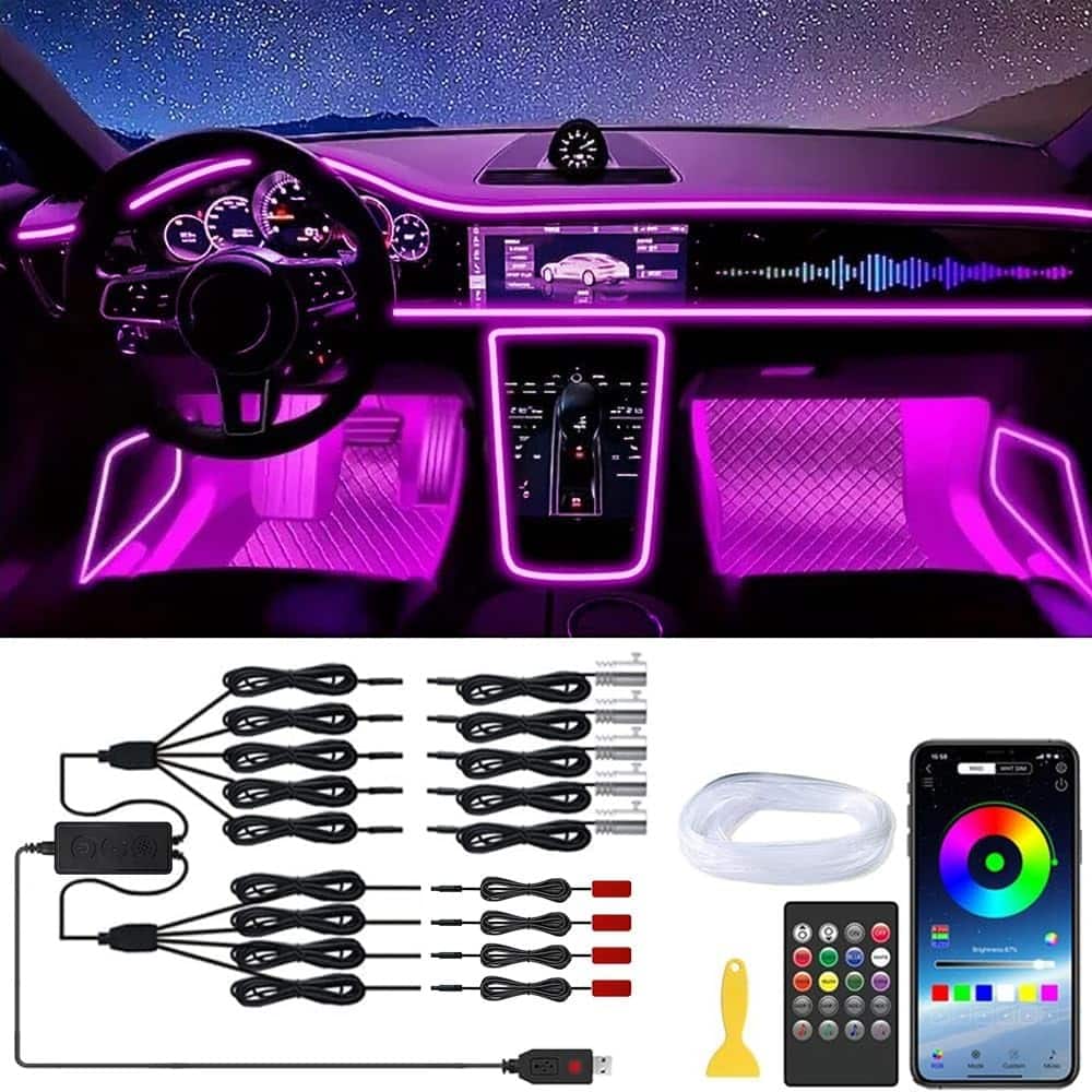 PARKER SLATER - Car LED interior strip lights, 9-in-1 ambient lighting kit with 236" fiber optic EL wire, app and remote control - RGB
