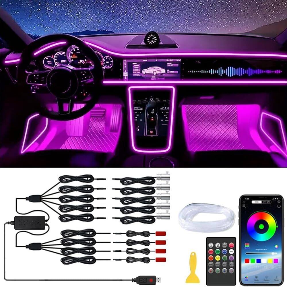 Front. PARKER SLATER - Car LED interior strip lights, 9-in-1 RGB ambient lighting kit with 236" fiber optic EL wire, app and remote control - RGB.