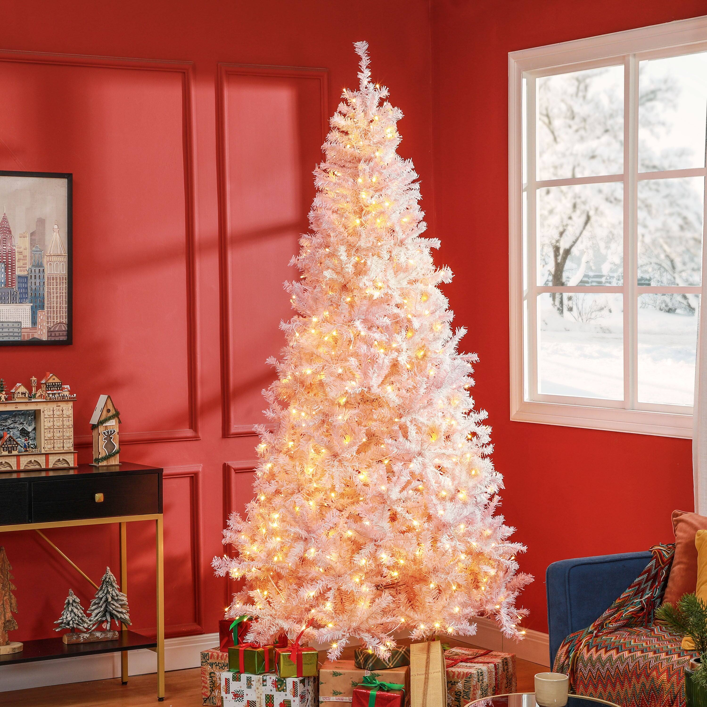 Angle. BreeBe - 7.5 ft Tall Prelit Christmas Tree Douglas Fir Artificial Christmas Tree with Realistic Branches - Pink.
