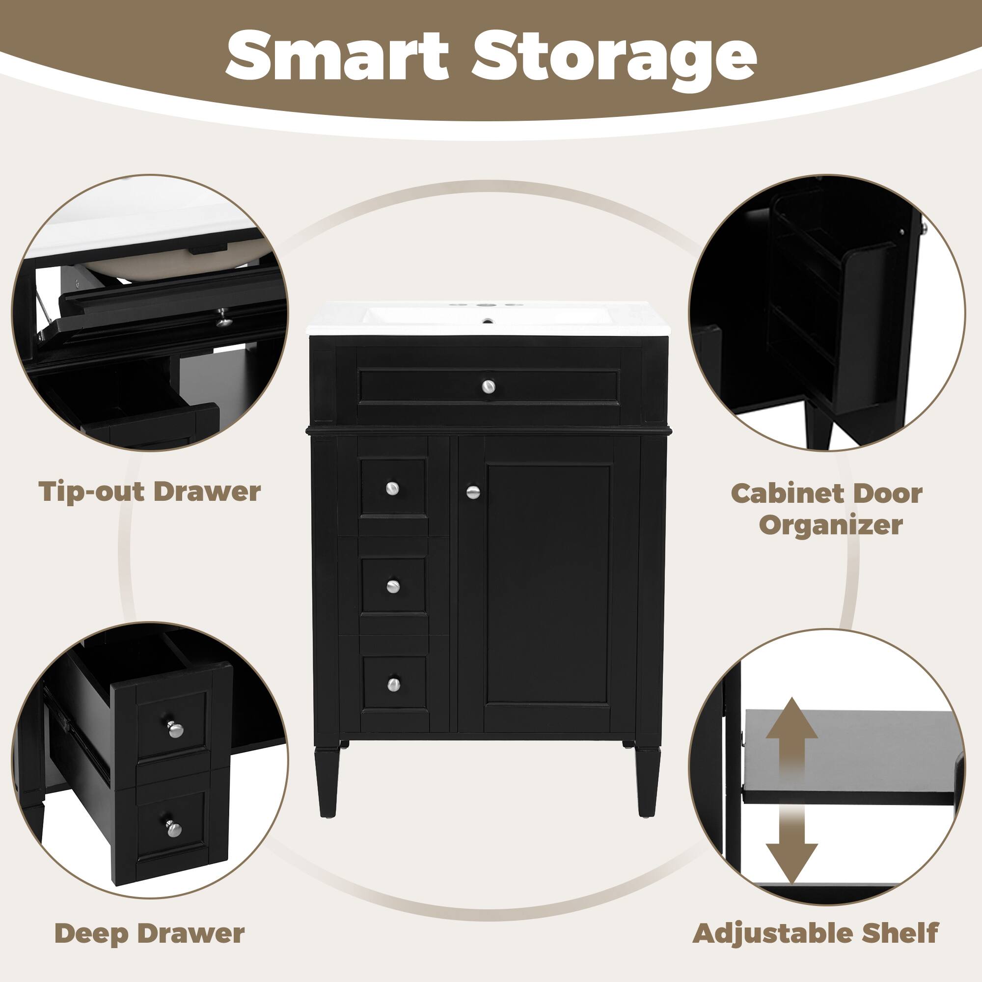 Smart Storage  
Tip-out Drawer  
Cabinet Door Organizer  
Deep Drawer  
Adjustable Shelf