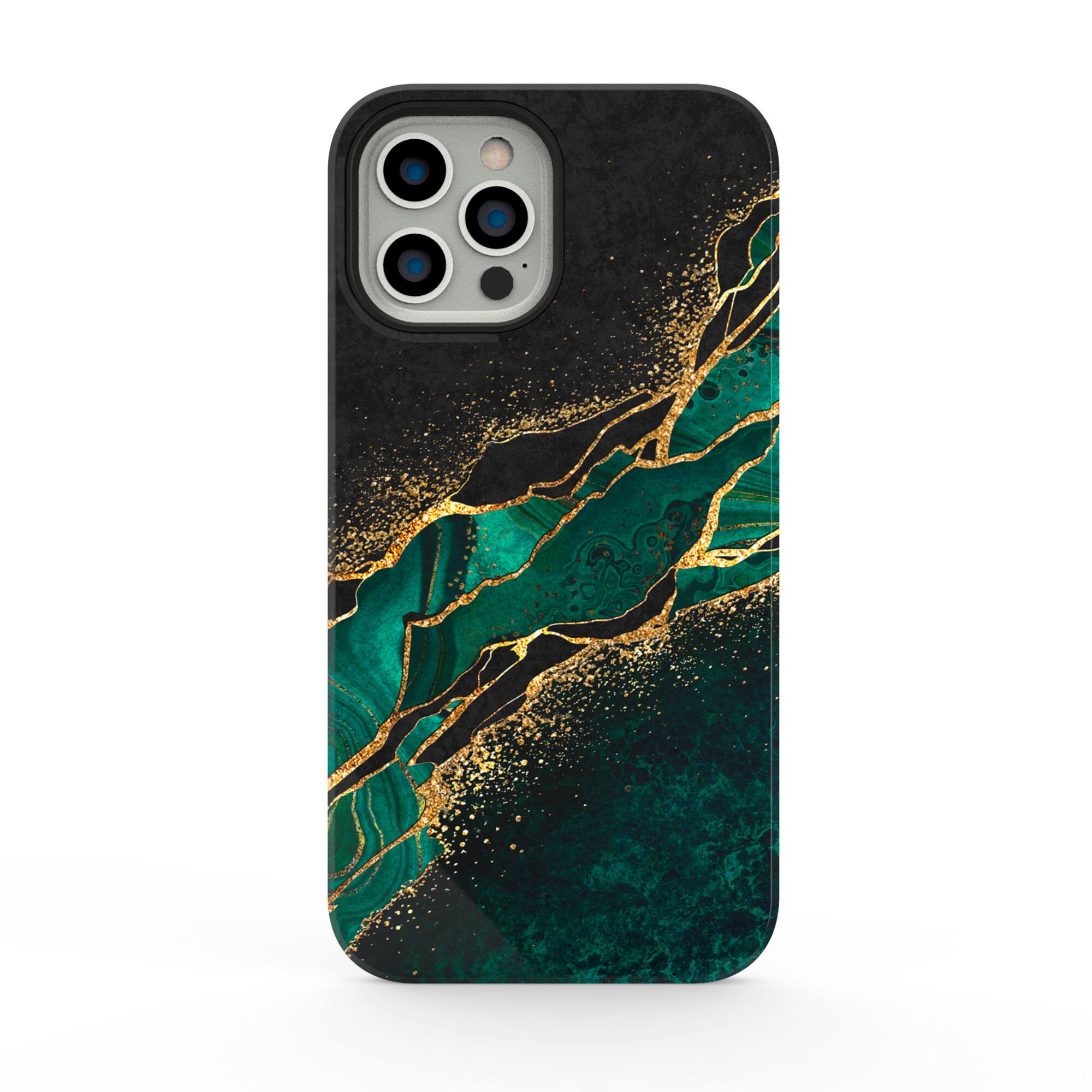 Alt View 1. ArtsCase - StrongFit Designers Case for Apple® iPhone®13 Pro Max - Green / Gold Liquid Marble.