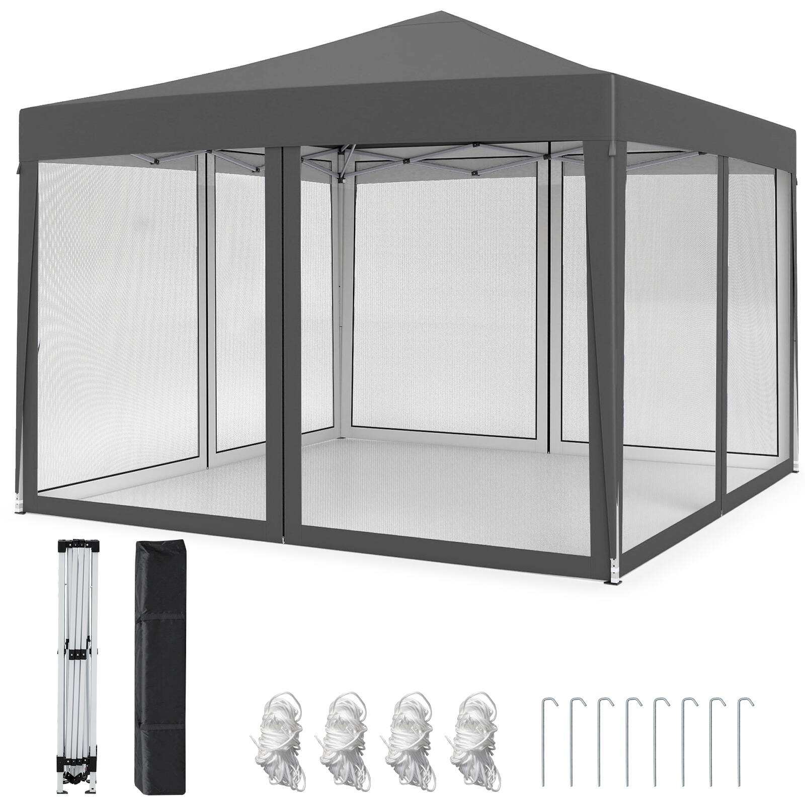 Alt View 9. Costway - Costway 10 FT x 10 FT Pop-Up Canopy Tent with Mesh Netting, Carry Bag, 8 Stakes & 4 Ropes - Gray.