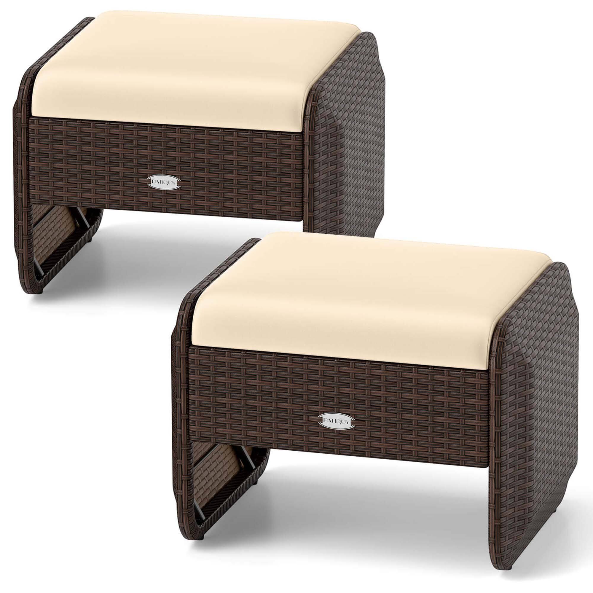 Costway - 2 Pieces Outdoor Patio PE Wicker Ottomans with Removable Cushions Footstools - Mixed Brown + Beige