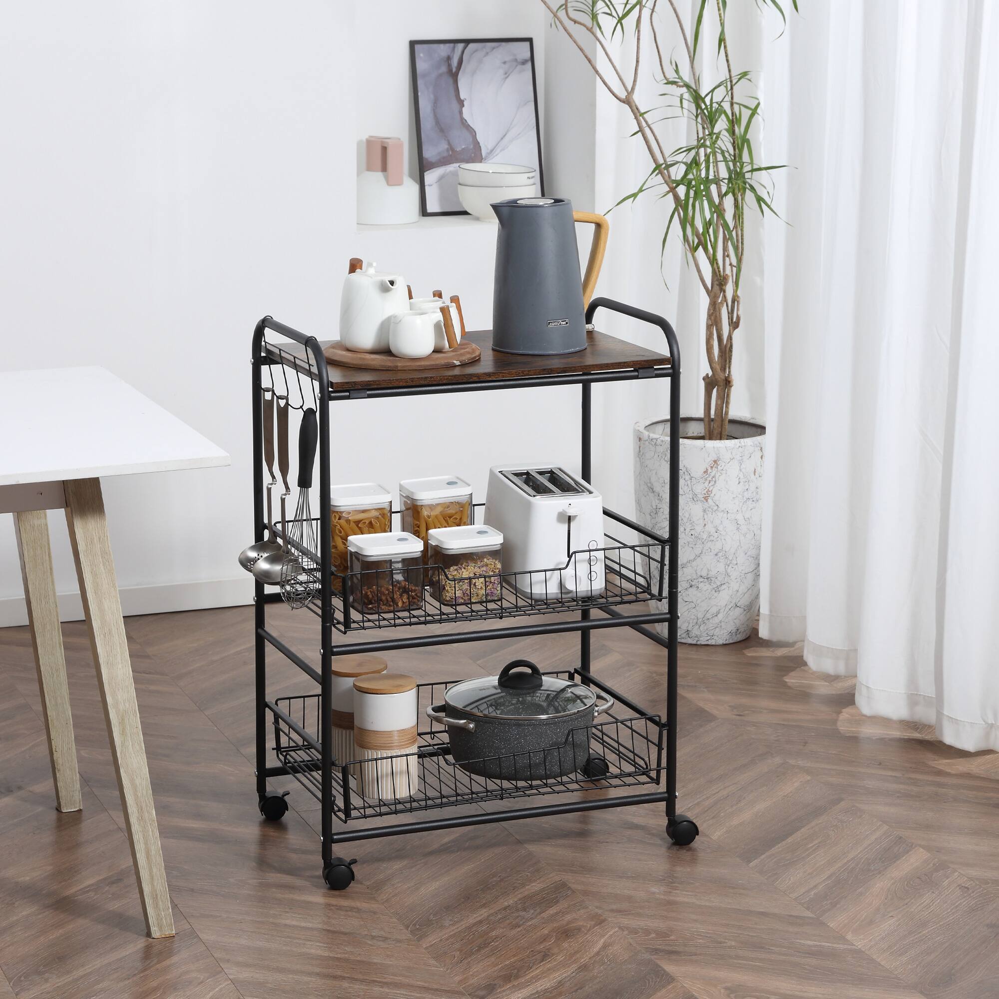 Alt View 1. Homcom - 3 Tier Kitchen Cart with Storage, Rolling Kitchen Island Cart with 2 Sliding Fruit Basket and Side Hooks for Dining Room - Rustic Brown.
