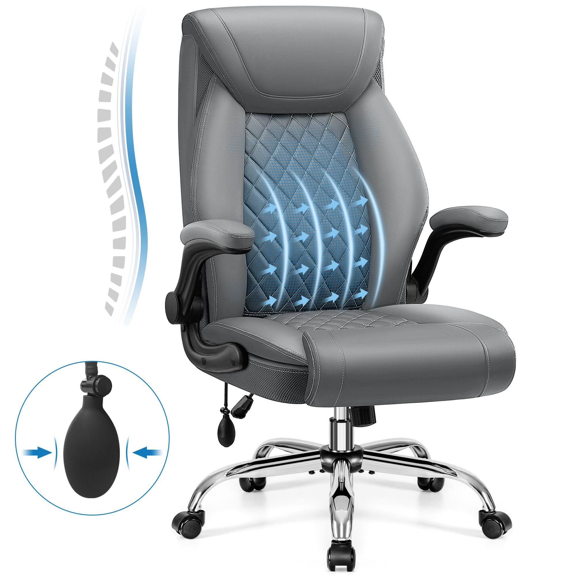 Angle. Brick Attic - Big&Tall Ergonomic Office Chai rwith Flip Up Arms, Executive Leather Computer Chair with Adjustable Lumbar Support - Grey.