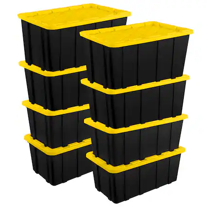 Front. Sterilite - Sterilite 38 Gallon Industrial Stackable Storage Tote Lidded Containers, 8 Pack - Yellow.