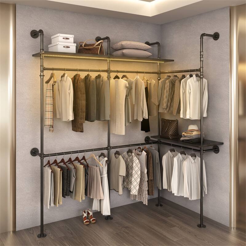 Angle. ALEXOUN - Industrial Pipe Clothing Rack - 118" Reversible Heavy Duty Garment Rack with Shelves, Walk-in Closet System, Black,3pcs - Black.