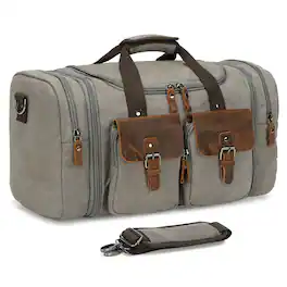 Unique Bargains - Canvas Duffle Bag with Genuine Leather Accents Expandable 20-23 Inch Travel Weekender Multiple Pockets - Gray