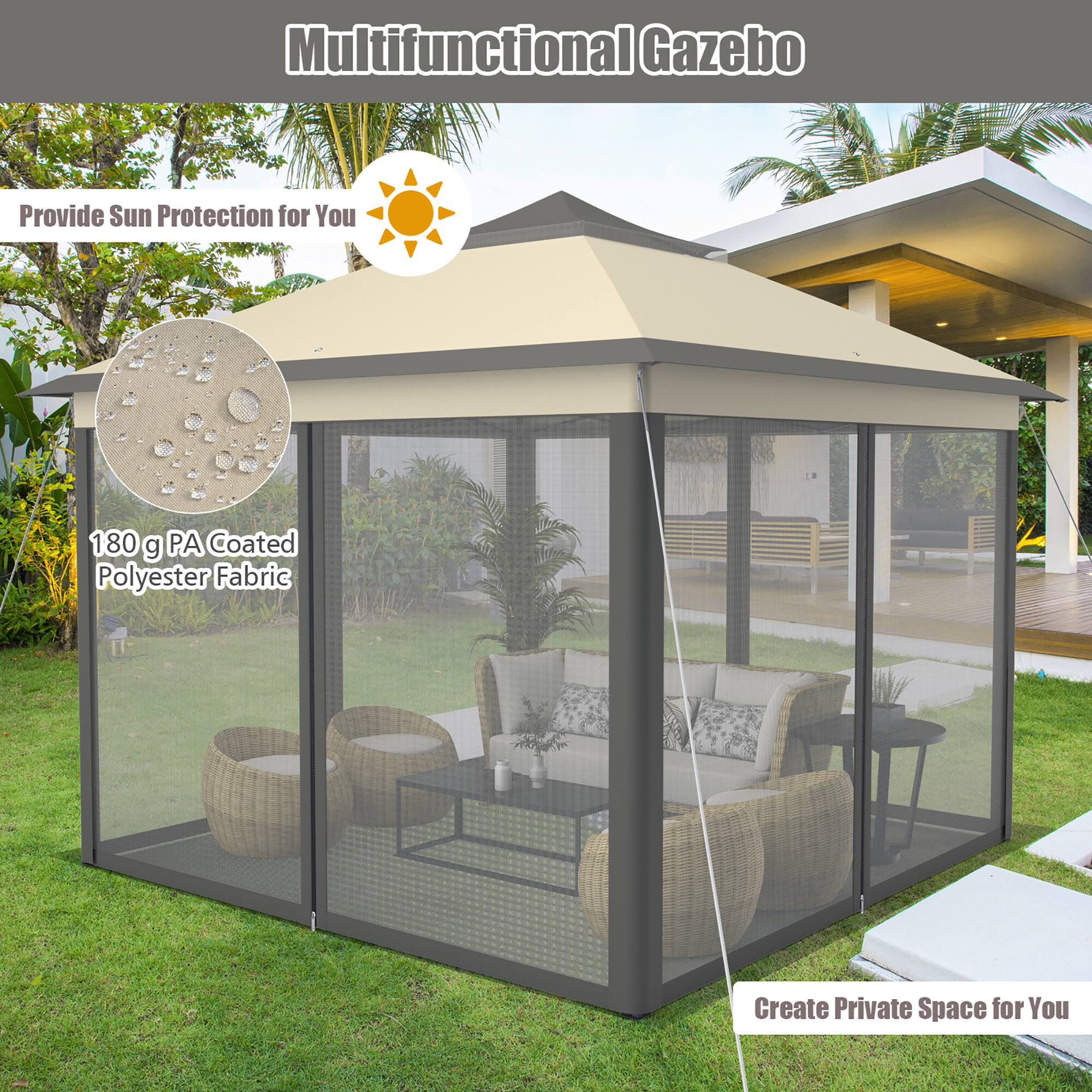 Multifunctional Gazebo  
Provide Sun Protection for You  
180 g PA Coated Polyester Fabric  
Create Private Space for You