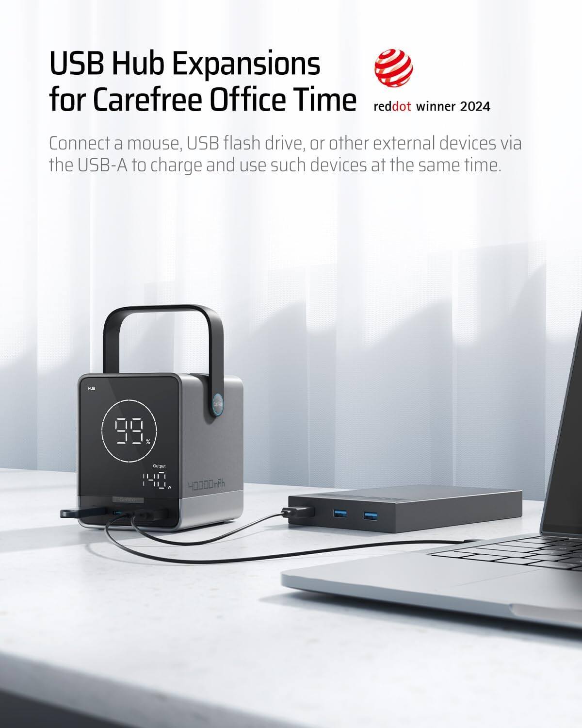 USB Hub Expansions for Carefree Office Time  
reddot winner 2024  
Connect a mouse, USB flash drive, or other external devices via the USB-A to charge and use such devices at the same time.  

99%  
140  
40000mAh