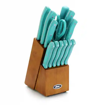 Front. Oster - Oster Evansville 14 Piece Stainless Steel Blade Cutlery Set with Turquoise Plastic Handles - Turquoise.