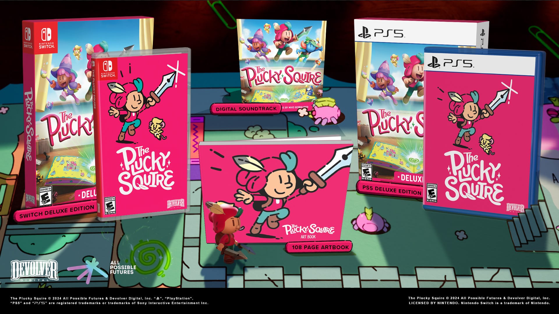The image features four different editions of a video game called "Pucky Squire." Each edition is displayed in a distinct color, with one being pink, another being blue, and the other two being red and white. The editions are available for the Nintendo Switch and PlayStation 5 gaming consoles. The game is also accompanied by a digital soundtrack and an art book, adding to its appeal for gamers.