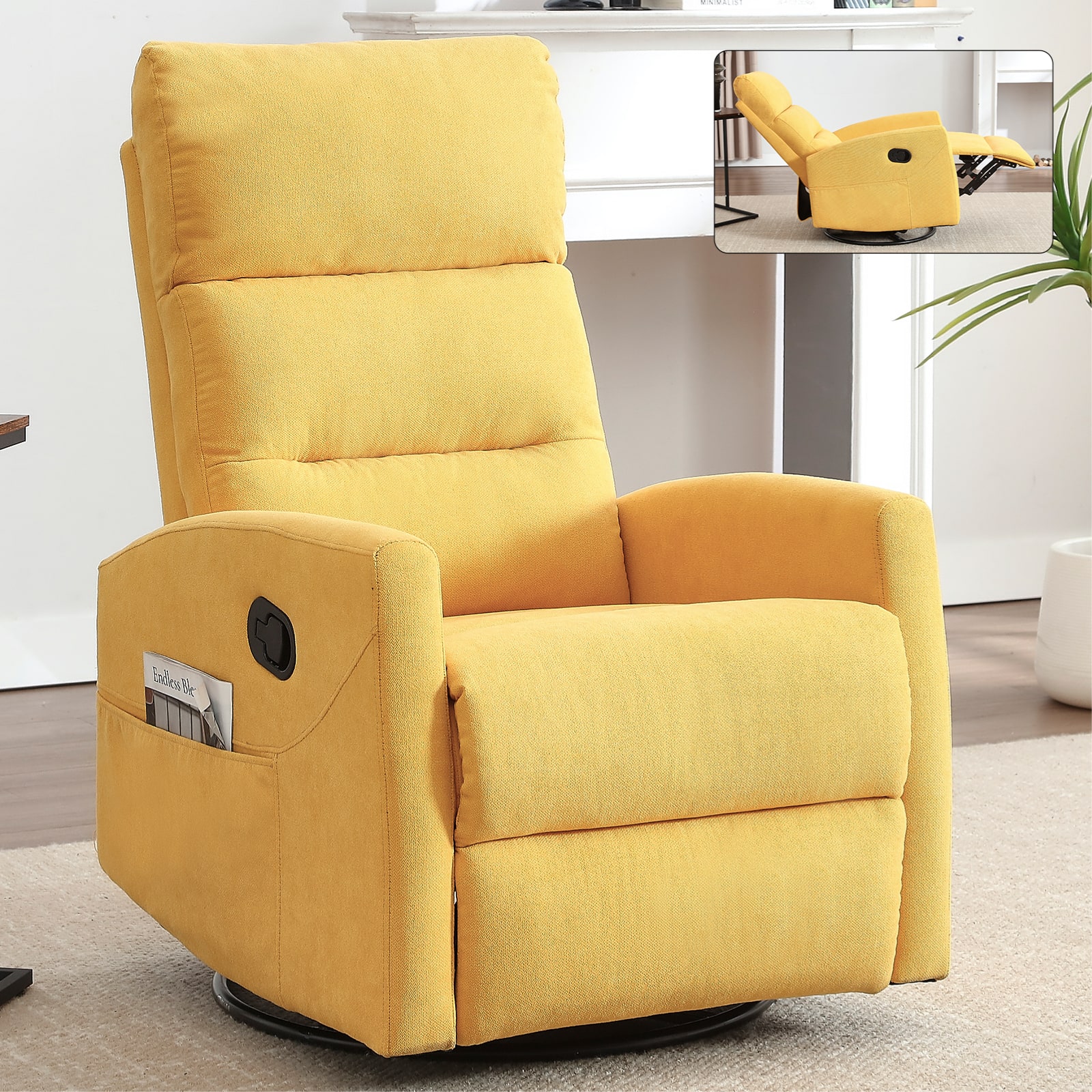 GOODSILO - Manual Recliner Chair with Rocker & Swivel - Fabric Living Room Seating - Yellow