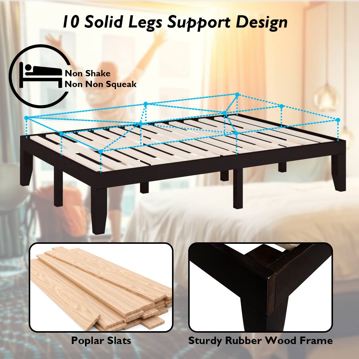 10 Solid Legs Support Design, Non Shake, Non Squeak, Poplar Slats, Sturdy Rubber Wood Frame