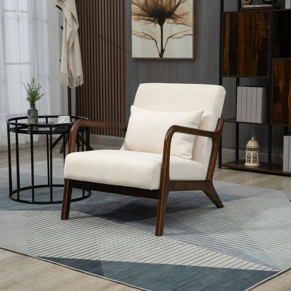 Alt View 2. Kadyn - Mid Century Modern Accent Chair with Wood Frame & Waist Cushion, Upholstered Reading Armchair for Living Room, White - White.
