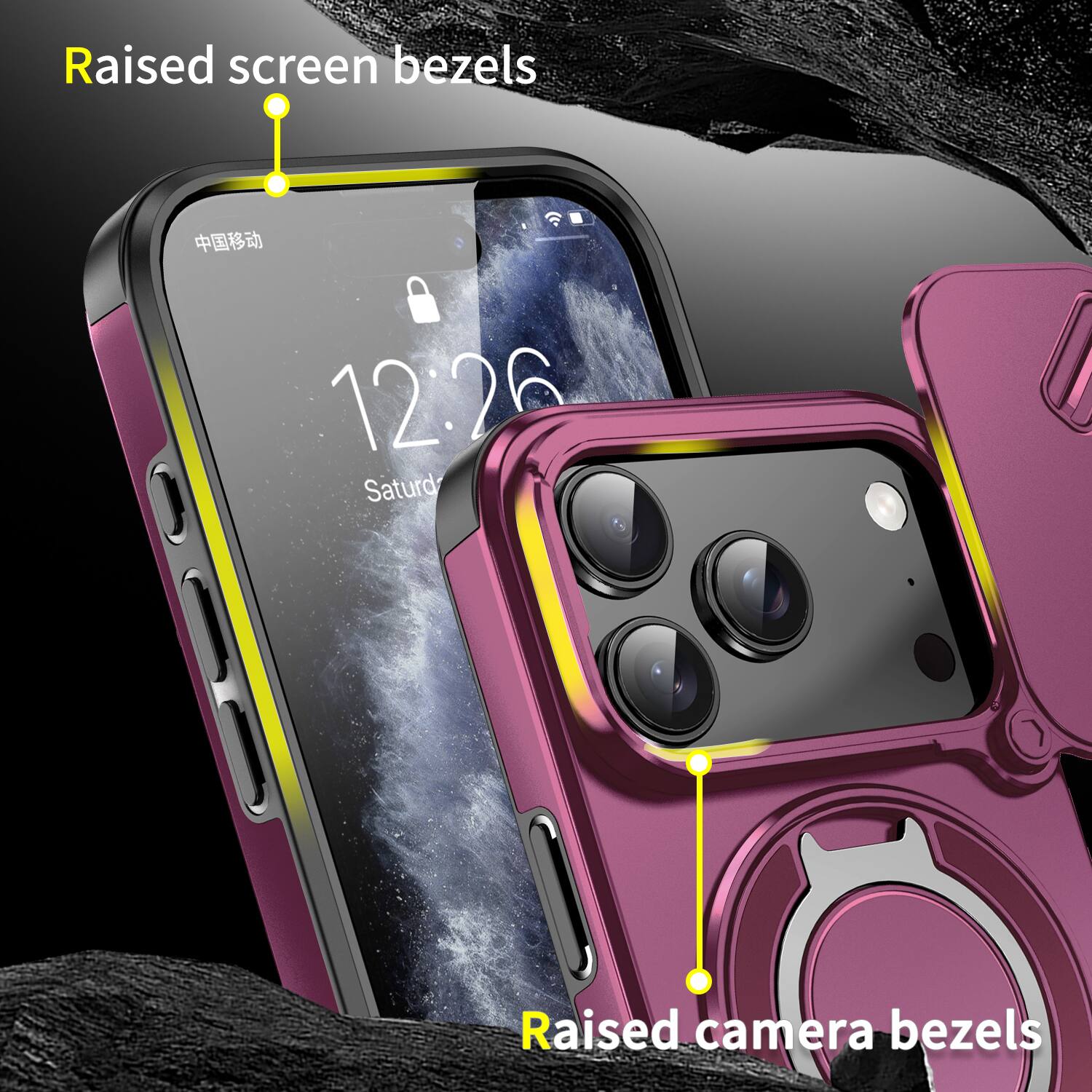Raised screen bezels  
12:26  
Saturday  
Raised camera bezels