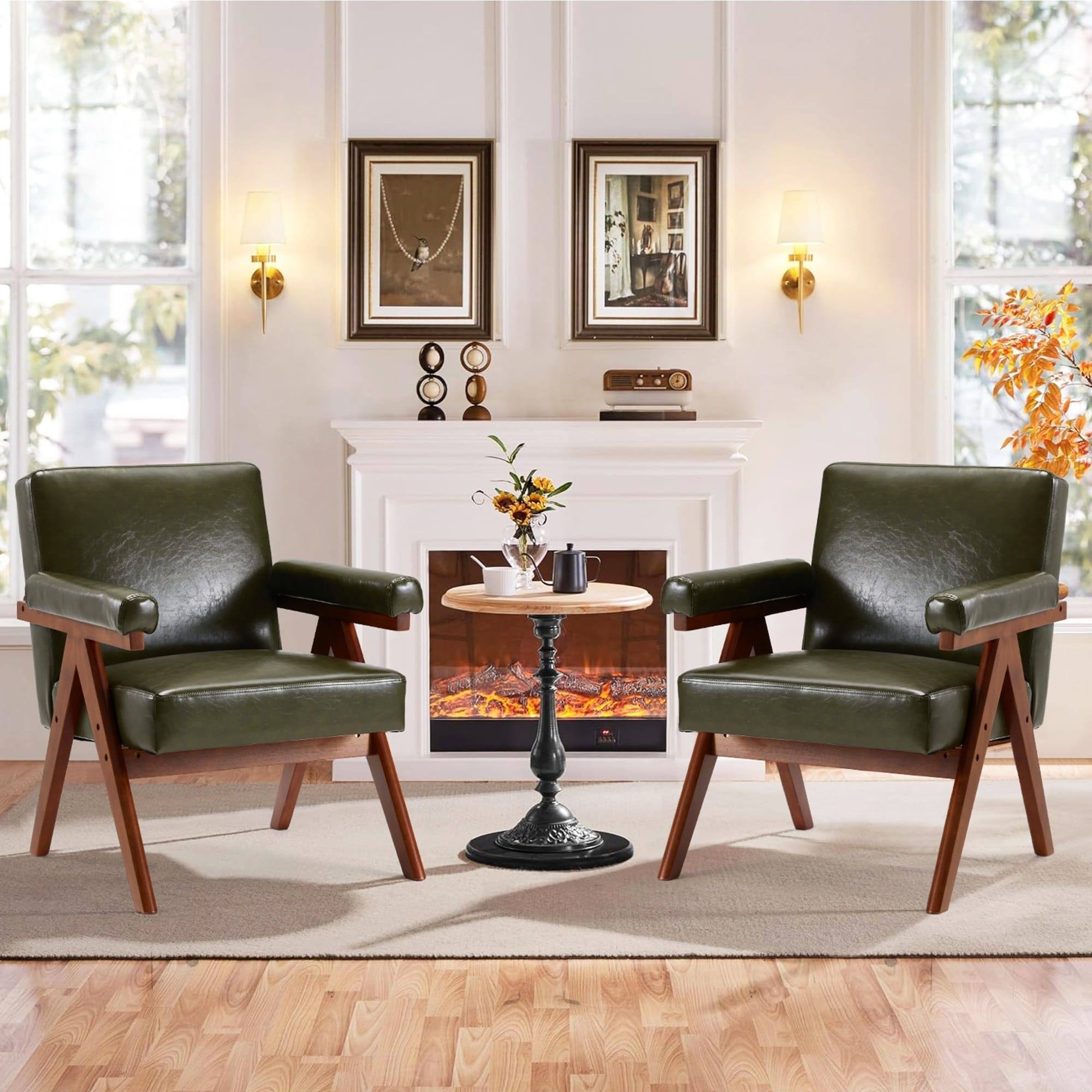 Left. U-HOMY - Mid-Century Modern Accent Chair: Solid Wood Frame Upholstered Armchair for Living Room, Lounge Balcony - Green.