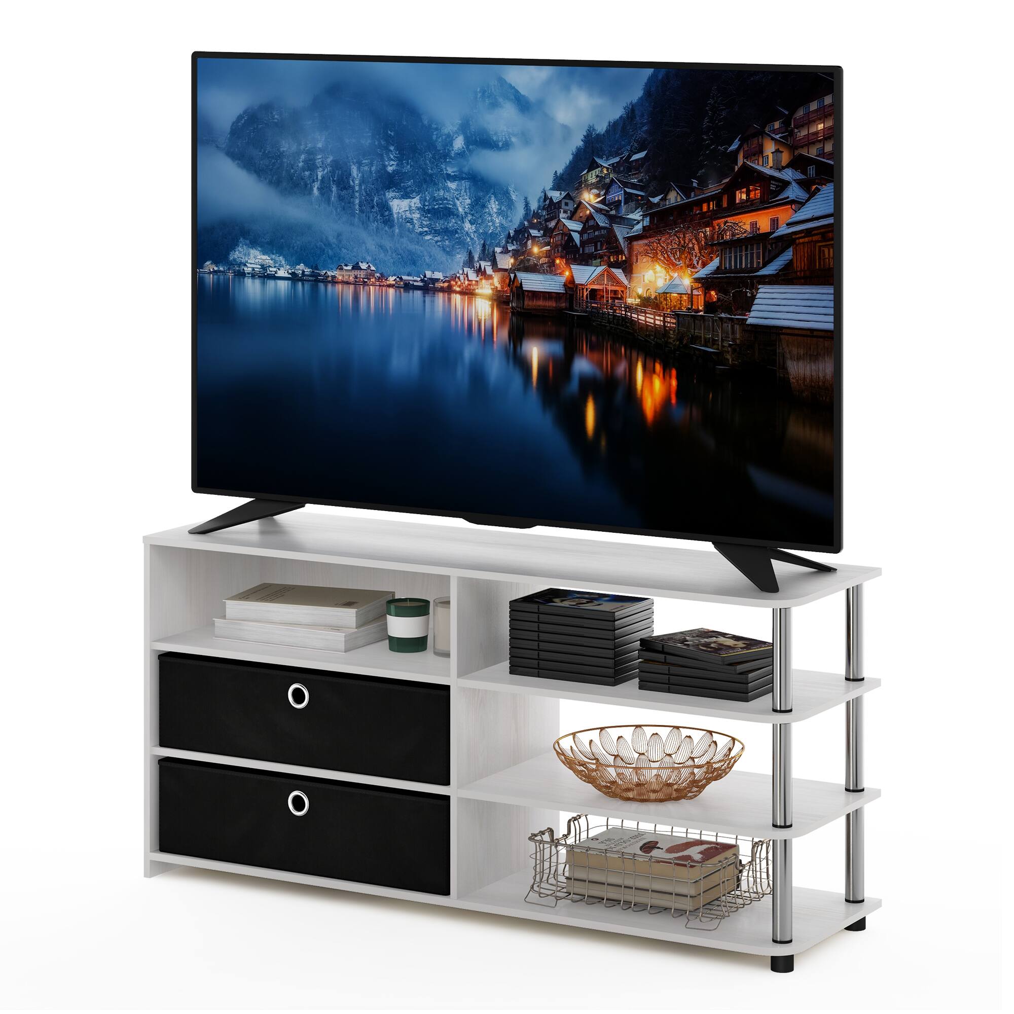 Alt View 3. Furinno - JAYA Simple Design TV Stand for up to 55-Inch with Bins,  Stainless Steel Tubes - White Oak/Stainless Steel/Black.
