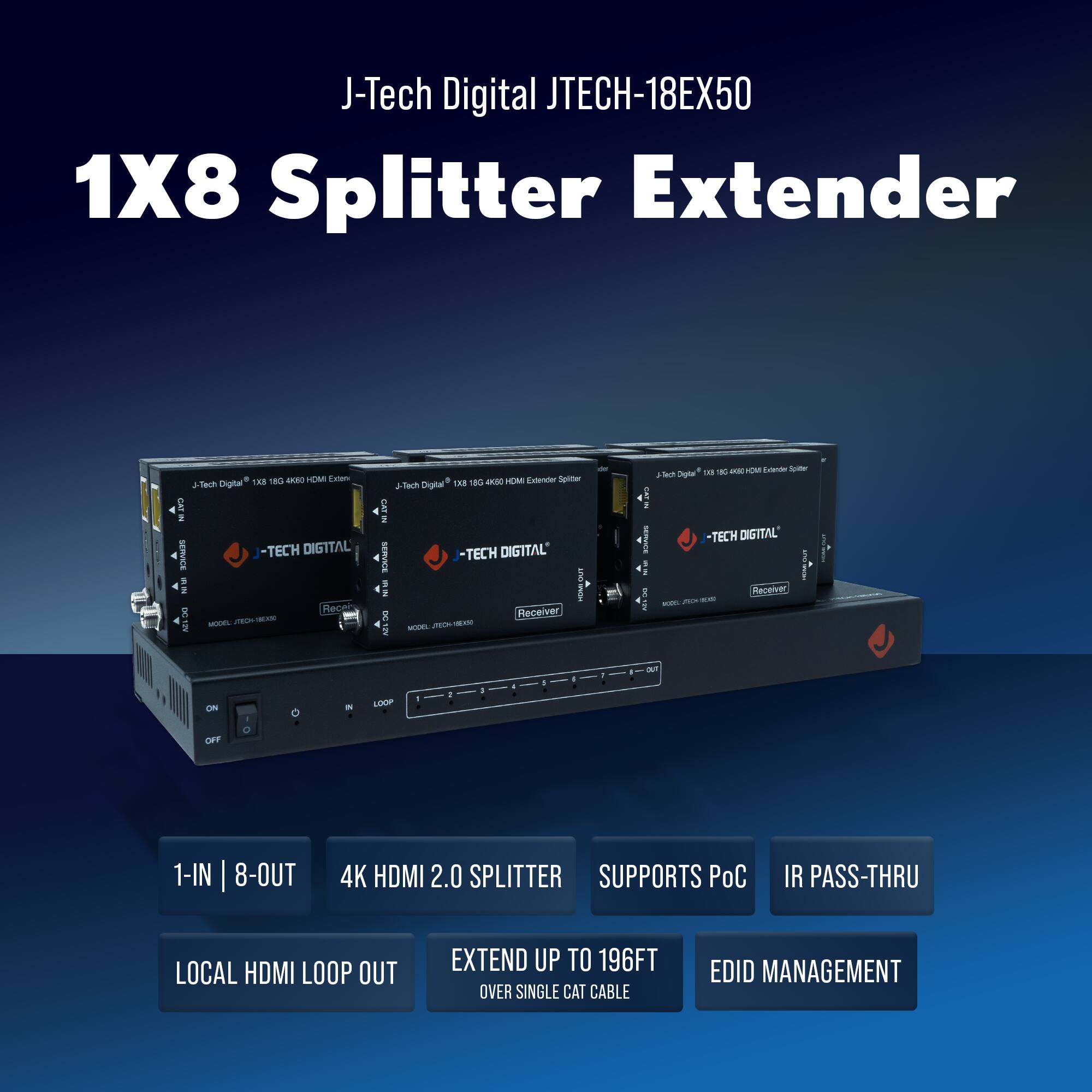 J-Tech Digital  
JTECH-18EX50  
1X8 Splitter Extender  

1-IN | 8-OUT  
4K HDMI 2.0 SPLITTER  
LOCAL HDMI LOOP OUT  
EXTEND UP TO 196FT OVER SINGLE CAT CABLE  
SUPPORTS PoC  
IR PASS-THRU  
EDID MANAGEMENT