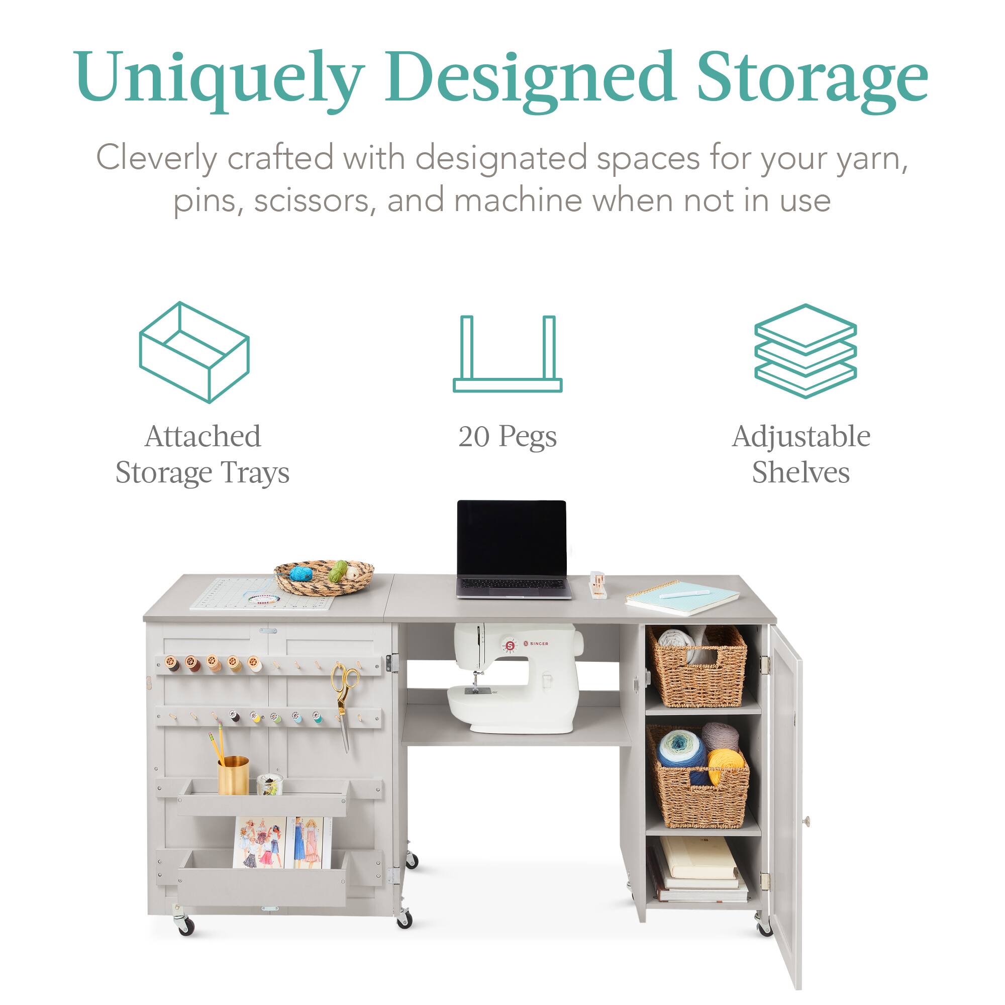 Uniquely Designed Storage

Cleverly crafted with designated spaces for your yarn, pins, scissors, and machine when not in use.

- Attached Storage Trays
- 20 Pegs
- Adjustable Shelves