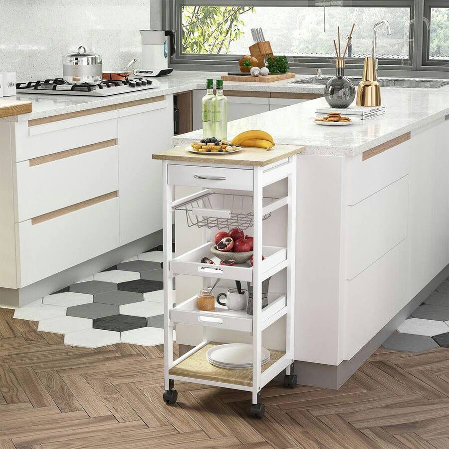 Kadyn Mobile Kitchen Cart with Wood Frame, Wire Baskets, Trays, and a ...