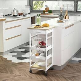 Kadyn - Mobile Kitchen Cart with Wood Frame, Wire Baskets, Trays, and a Drawer - White