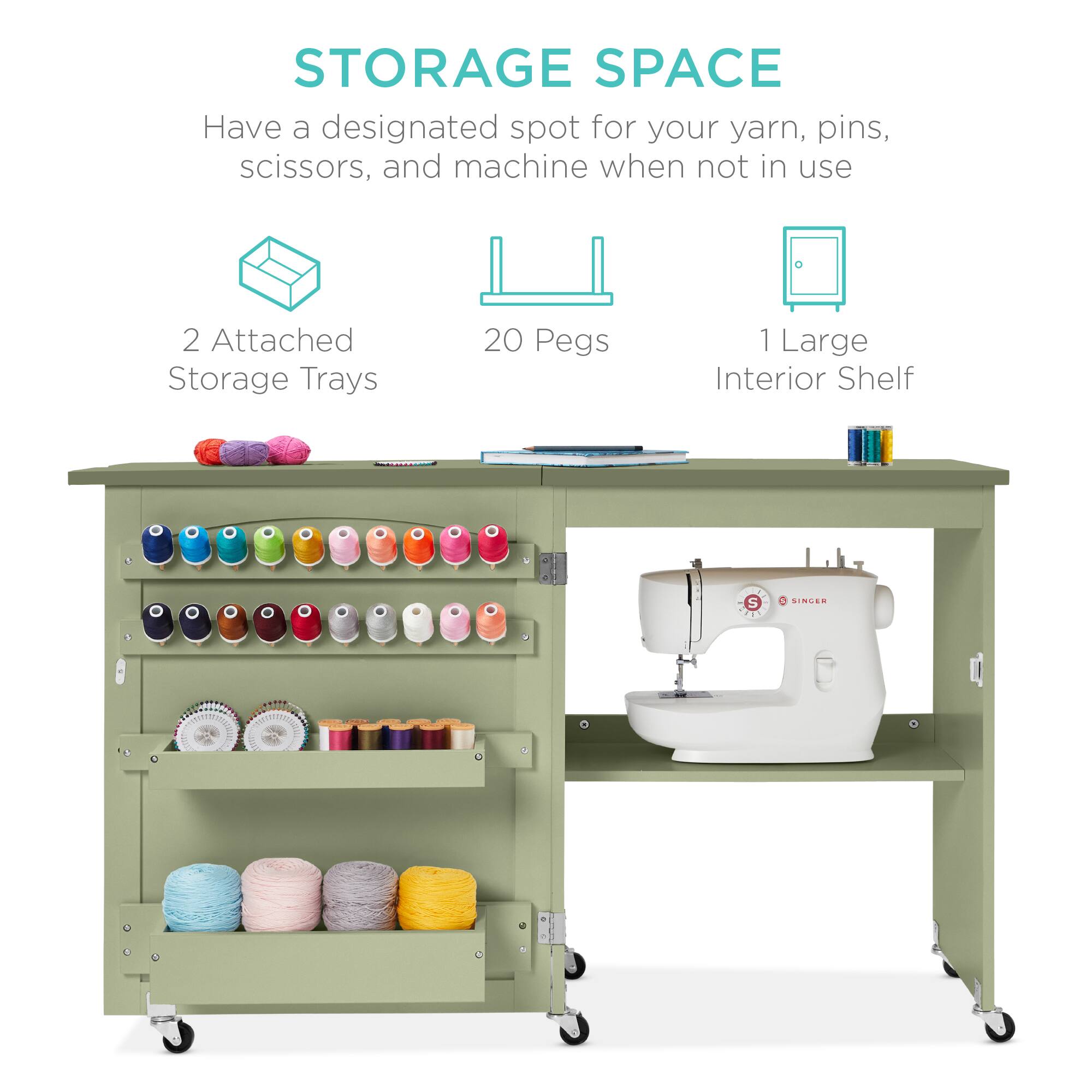 STORAGE SPACE

Have a designated spot for your yarn, pins, scissors, and machine when not in use

2 Attached Storage Trays

20 Pegs

1 Large Interior Shelf