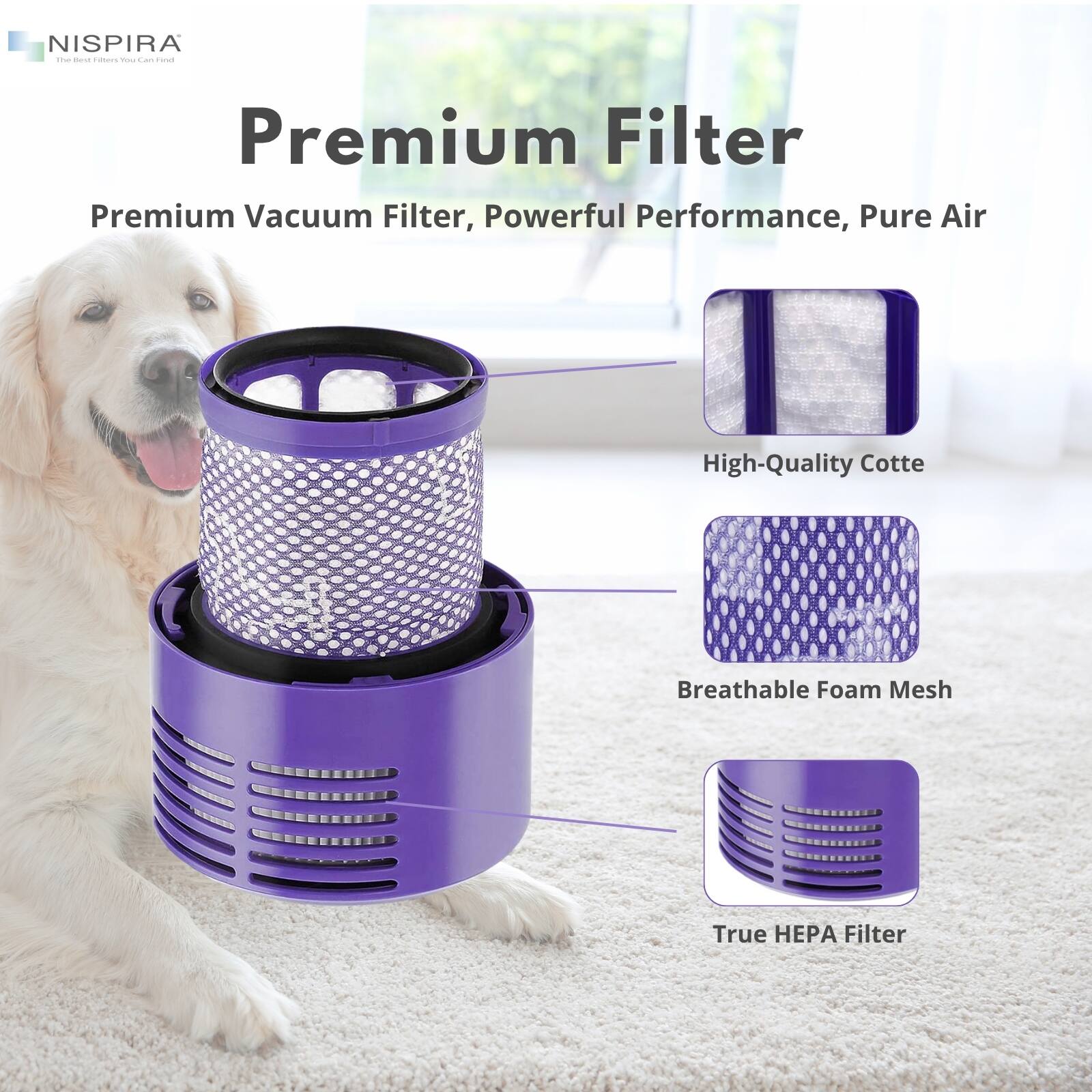 NISPIRA  
The Best Filters You Can Find  

Premium Filter  
Premium Vacuum Filter, Powerful Performance, Pure Air  

- High-Quality Cotte  
- Breathable Foam Mesh  
- True HEPA Filter