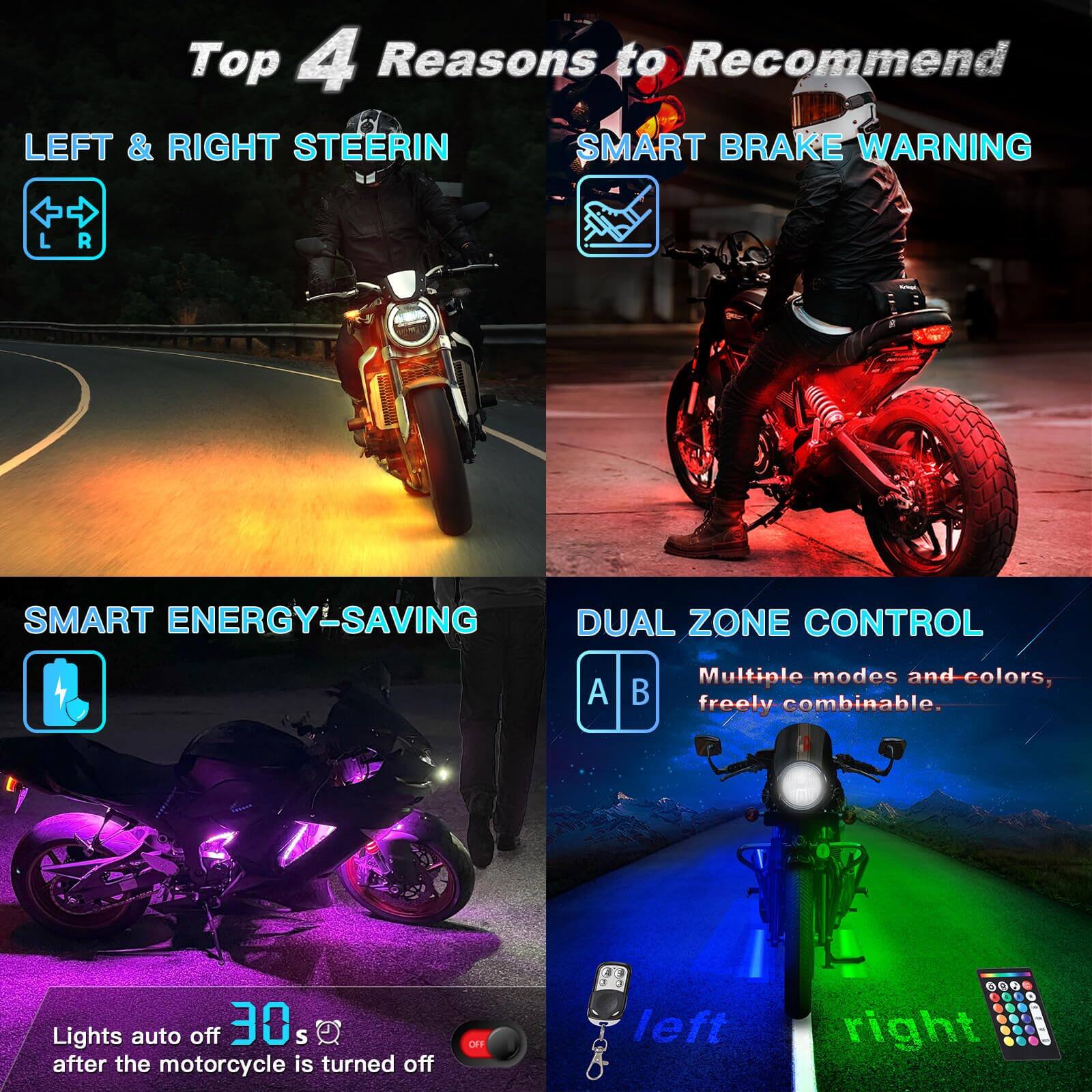 Top 4 Reasons to Recommend

1. LEFT & RIGHT STEERING
   - L R

2. SMART BRAKE WARNING

3. SMART ENERGY-SAVING
   - Lights auto off 30s after the motorcycle is turned off

4. DUAL ZONE CONTROL
   - Multiple modes and colors, freely combinable.
   - A B
   - left right