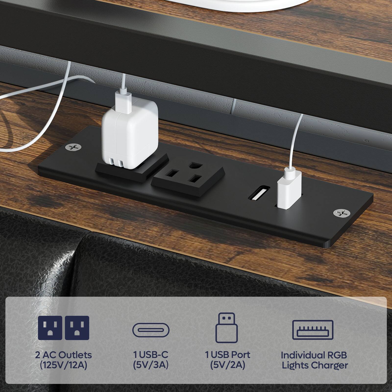 2 AC Outlets (125V/12A), 1 USB-C (5V/3A), 1 USB Port (5V/2A), Individual RGB Lights Charger