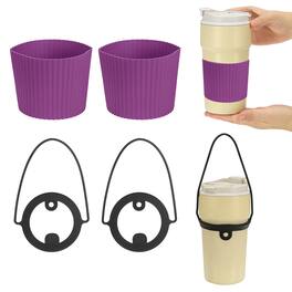 Unique Bargains - Silicone Cup Sleeve, 2pcs Coffee Sleeves with Black Handle Strap, Heat Resistant Reusable Nonslip for Coffee Tea Drinks - Purple